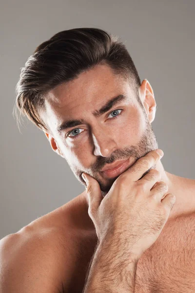 Closeup Portrait Beautiful Male Model Caucasian Man Dark Hair Gray — Stock Photo, Image