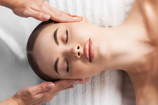 Facial Massage Top View Beautiful Young Woman Lying Back Keeping — Stock Photo, Image