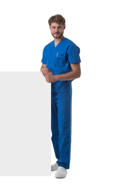 Full Length Portrait Handsome Caucasian Male Doctor Nurse Blank Banner — Stock Photo, Image