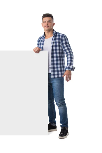 Full Length Portrait Happy Smiling Casual Man Holds Blank Board — Stock Photo, Image