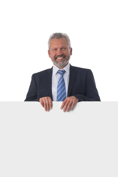 Senior Affärsman Kostym Visar Banner Whiteboard Tecken Isolerad Vit Bakgrund — Stockfoto