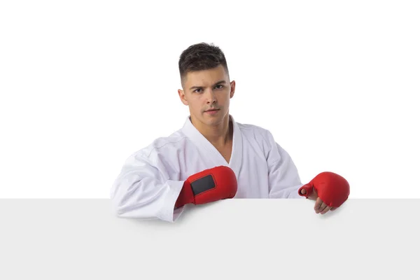 Εκπαίδευση Μαχητών Ανδρών Taekwondo Κενό Banner Που Απομονώνεται Λευκό Φόντο — Φωτογραφία Αρχείου