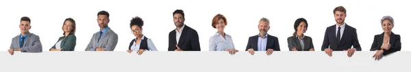 Group Business People Holding Blank Banner Isolated White Background — Stock Photo, Image