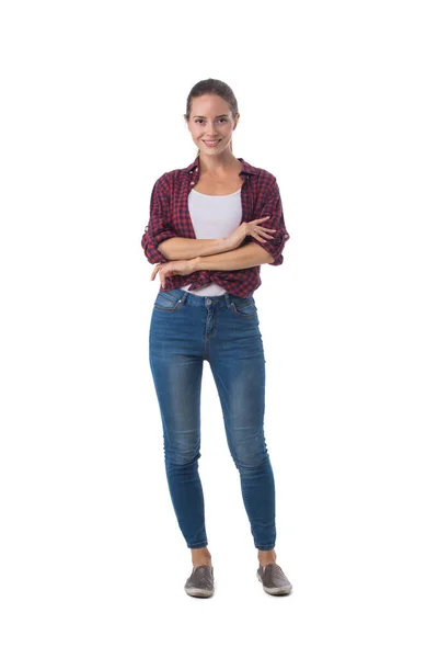 Retrato Comprimento Total Mulher Jovem Sorridente Com Braços Dobrados Isolado — Fotografia de Stock