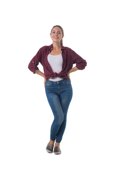 Full Length Portrait Smiling Young Woman Hands Waist Isolated White — Φωτογραφία Αρχείου