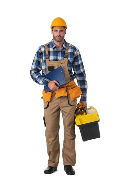 Contractor Worker Coveralls Hardhat Toolbox Document Folder Isolated White Background — Stock Photo, Image