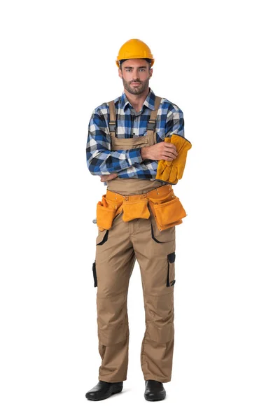 Contractor Worker Coveralls Hardhat Standing Arms Crossed Isolated White Background — Stock Photo, Image