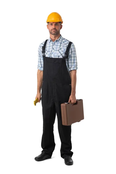 Full Length Portrait Confident Male Repairman Contractor Worker Overall Met — Stockfoto