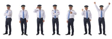 Dört bar kaptanı apolet giyen bir havayolu pilotunun fotoğrafı. İlk pilot, uçak komutanı, beyaz arka planda izole edilmiş, tam boy portreler.