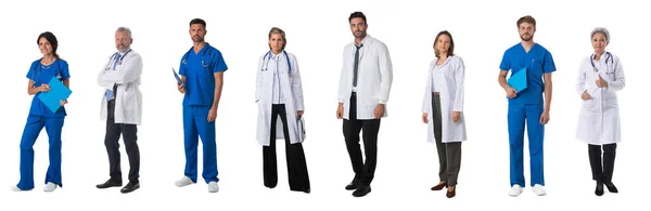 Set Full Length Portraits Medical Workers Doctors Nurses Isolated White — Stock Photo, Image