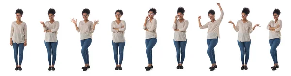 白い背景に隔離されたメガネで笑顔アフリカの学生の女の子ビジネス女性の完全な長さの肖像画のセット — ストック写真
