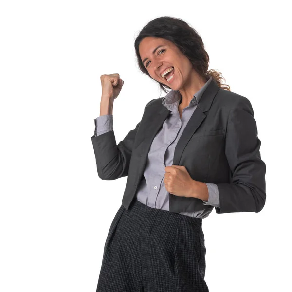 Портрет Молодої Щасливої Усміхненої Ділової Жінки Тримає Кулаки Студії Ізольовані — стокове фото