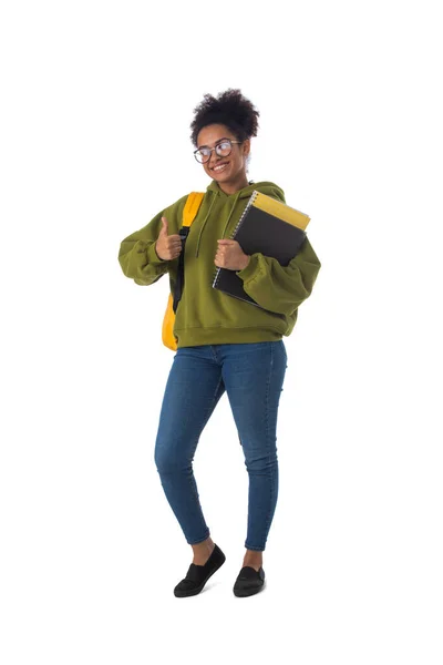 非洲裔美国女大学生的全长肖像 大拇指孤立在白色背景下 — 图库照片