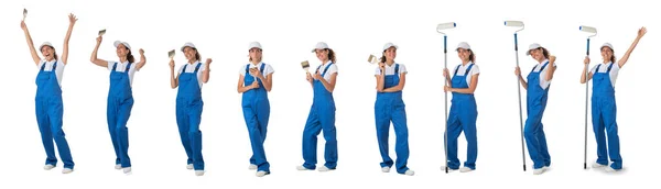 Set Construction Workers Portraits Woman Professional Painter Decorator Repairman Workwear — Stock Photo, Image