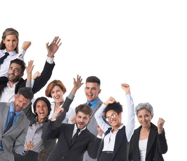 Grande Muito Feliz Grupo Negócios Pessoas Com Braços Levantados Isolado — Fotografia de Stock