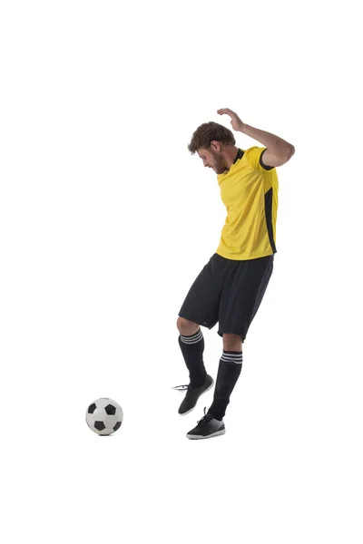 Ποδόσφαιρο Παίκτης Κλωτσάει Μπάλα Απομονώνονται Λευκό Φόντο — Φωτογραφία Αρχείου