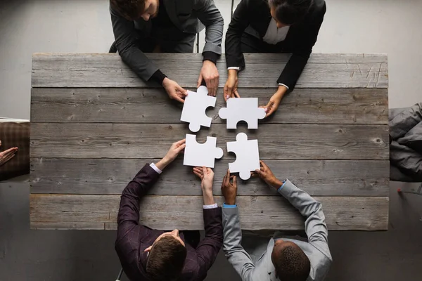 Üzleti Csapatmunka Puzzle Befejező Projekt Együttműködési Egység Koncepció — Stock Fotó