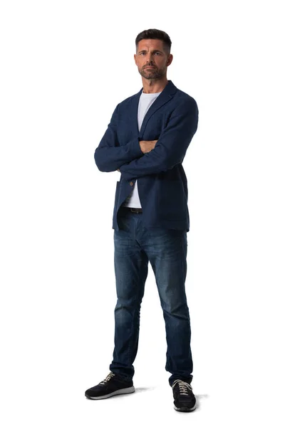 Retrato Comprimento Total Adulto Médio Sério Homem Negócios Jeans Blazer — Fotografia de Stock