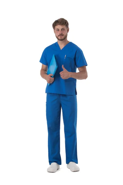 Enfermeira Uniforme Azul Com Estetoscópio Pasta Documentos Mostrar Polegar Para — Fotografia de Stock