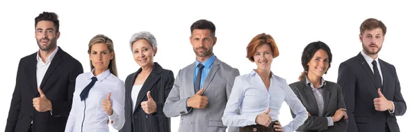 Успешные Счастливые Деловые Люди Команда Большим Пальцем Вверх Изолированы Белом — стоковое фото