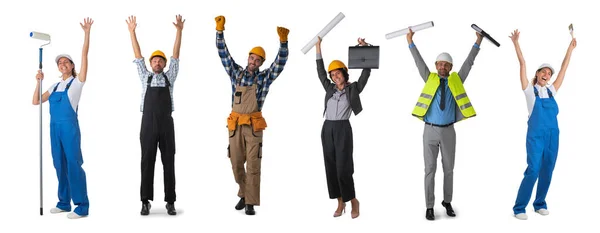 Conjunto Retratos Completos Trabajadores Construcción Industrial Con Brazos Levantados Aislados — Foto de Stock