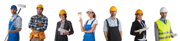 Conjunto Trabalhadores Construção Profissional Isolados Sobre Fundo Branco — Fotografia de Stock