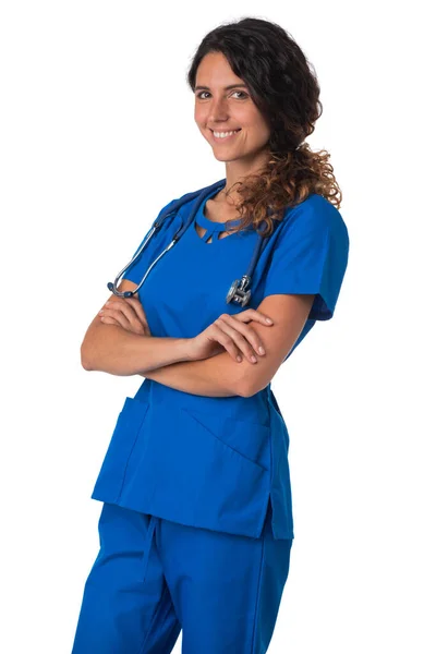 Infirmière Médecin Femme Sourire Avec Stéthoscope Stand Avec Les Bras — Photo