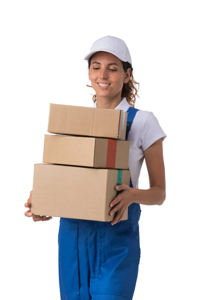 Retrato Mulher Parto Sorridente Feliz Com Pilha Caixas Isoladas Fundo — Fotografia de Stock