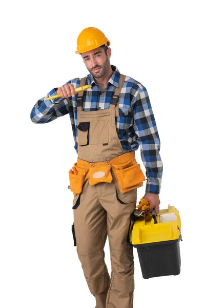 Portrait Construction Worker Toolbox Wrench Isolated White Background — Stock Photo, Image