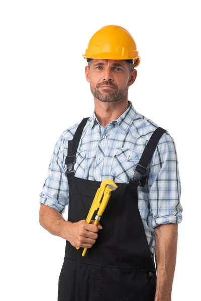 Porträt Eines Selbstbewussten Männlichen Werkstattarbeiters Anzügen Der Einen Verstellbaren Schlüssel — Stockfoto