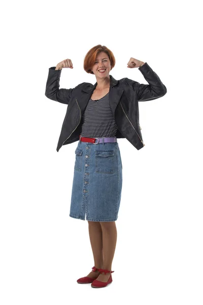 Strong Powerful Happy Woman Toothy Smile Raises Arms Shows Biceps — Fotografia de Stock