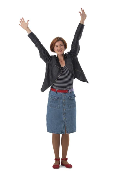Woman Raises Her Arms Overhead Joy Isolated White Background — Stockfoto