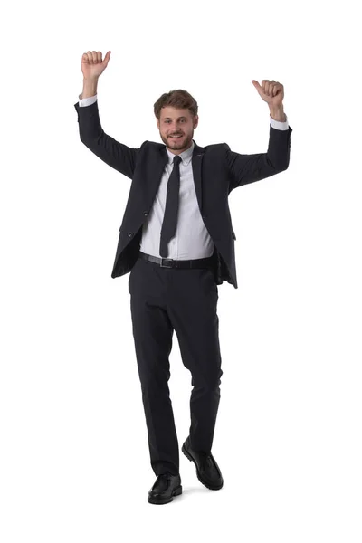 Smiling Businessman Holding Arms Raised Isolated White Backcground — Fotografia de Stock