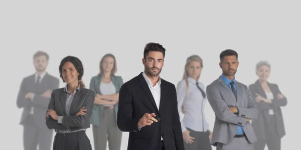 Group Business People Standing Together Gray Background Copy Space Unity — Foto de Stock