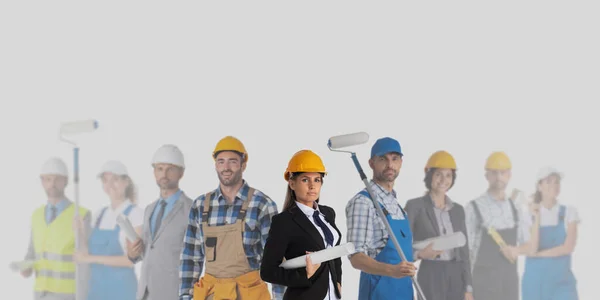 Group Industrial Contractors Workers People Standing Together Gray Background Unity — Zdjęcie stockowe