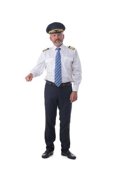 Porträtt Självsäker Pilot Hålla Något Isolerad Vit Bakgrund — Stockfoto