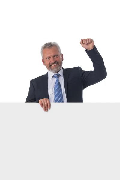 Smiling Mature Businessman Holding White Panel Gesturing Isolated White Background — Stock Photo, Image