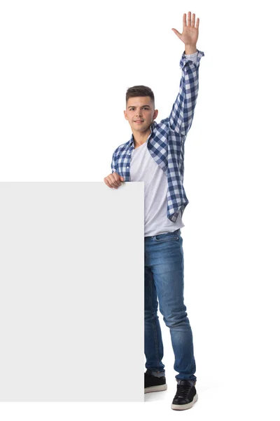 Retrato Cuerpo Entero Joven Guapo Sonriente Con Pancarta Blanco Saludando —  Fotos de Stock