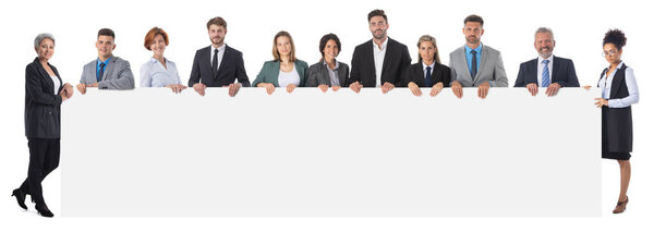 Business team with blank banner isolated over a white background, copy space for text content