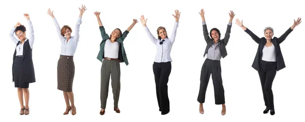 Grupo Mulheres Negócios Sorridentes Felizes Apenas Com Braços Levantados Isolados — Fotografia de Stock