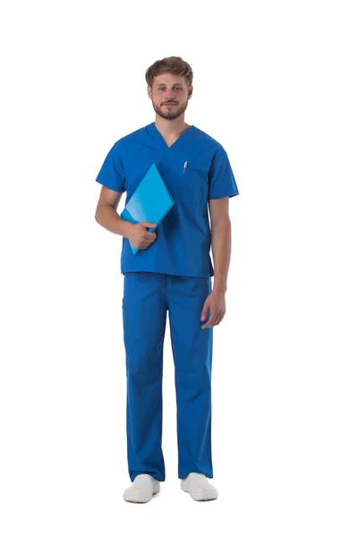 Homme Infirmier Médecin Studio Uniforme Bleu Portrait Pleine Longueur Isolé — Photo