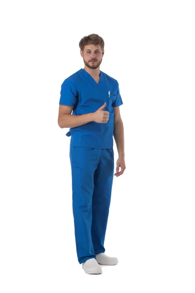 Homme Infirmier Médecin Uniforme Bleu Avec Pouce Vers Haut Studio — Photo