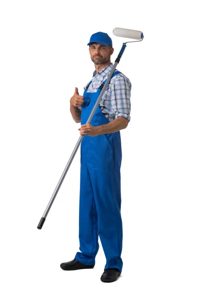 Man Hus Målare Man Uniform Med Färg Roller Isolerad Över — Stockfoto