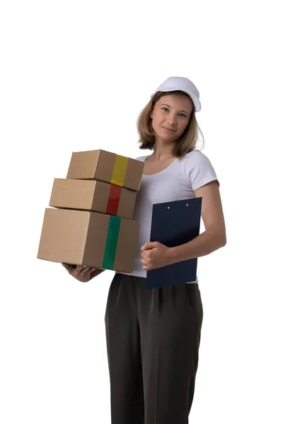 Menina Com Caixas Papelão Pasta Documentos Mão Isolado Fundo Branco — Fotografia de Stock