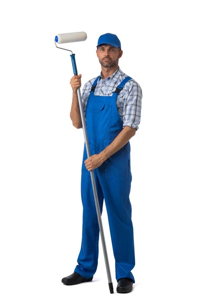 Man Huis Schilder Man Uniform Met Verfroller Geïsoleerd Witte Achtergrond — Stockfoto