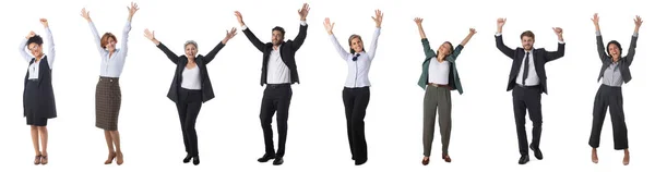 Счастливая Многорасовая Группа Деловых Людей Поднимающих Руки Над Белым Фоном — стоковое фото