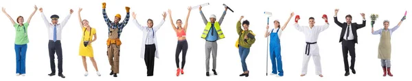 Group Happy People Arms Raised Representing Diverse Professions Isolated White — Stock Photo, Image