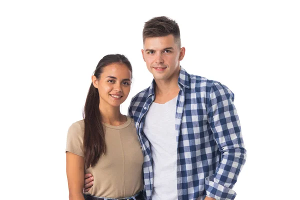 Retrato Una Hermosa Joven Feliz Pareja Sonriente Aislada Sobre Fondo — Foto de Stock