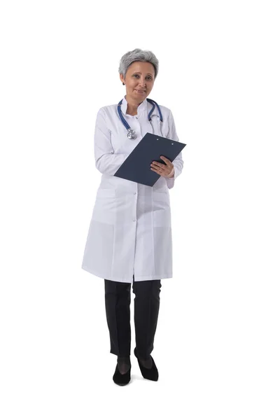 Portrait Mature Asian Doctor Stethoscope Write Board Isolated White Background — Stok Foto