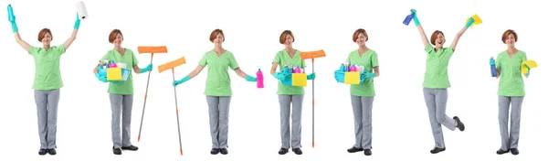 Set Cleaning Woman Tools Full Length Portraits Doing Different Gestures — Stock Photo, Image